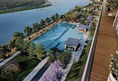 Aerial view of the pool and riverside deck