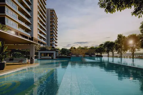 Pool deck cabanas at dusk