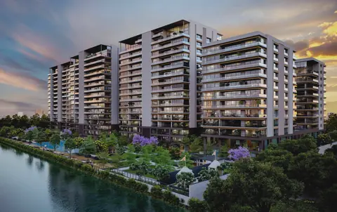 Classima towers and riverside landscape at sunset