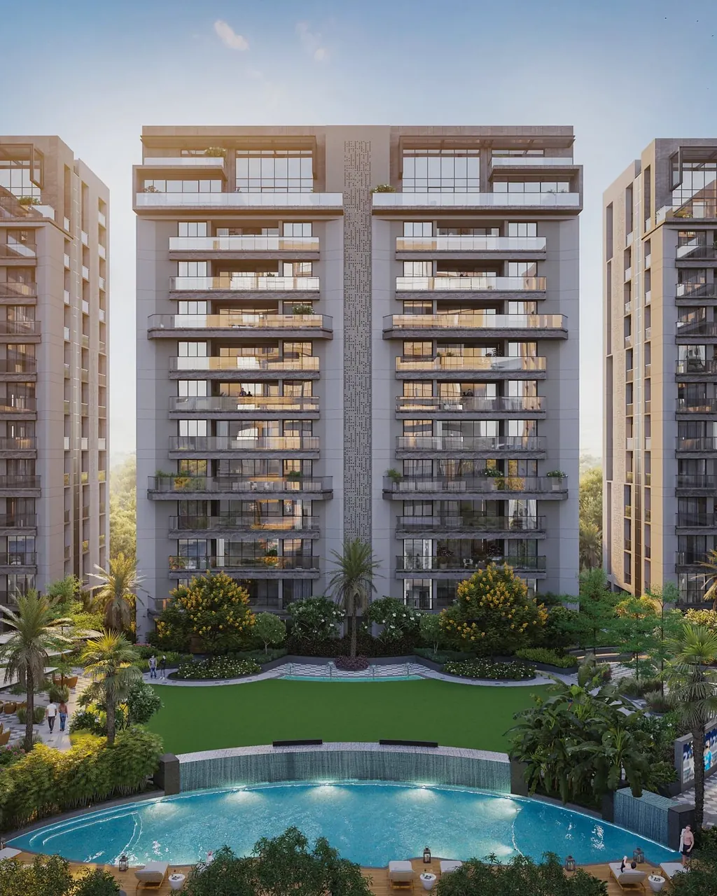 Avadh Elrica courtyard pool framed by the towers