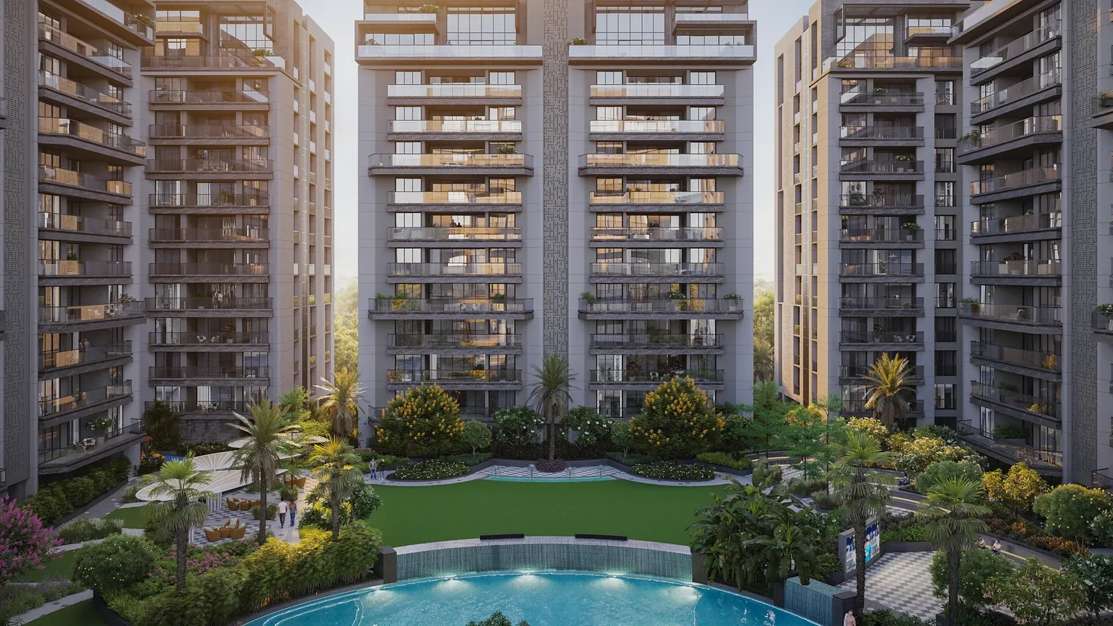 Avadh Elrica courtyard pool framed by the towers