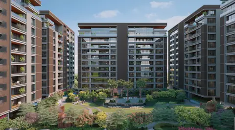 Landscaped courtyard between towers